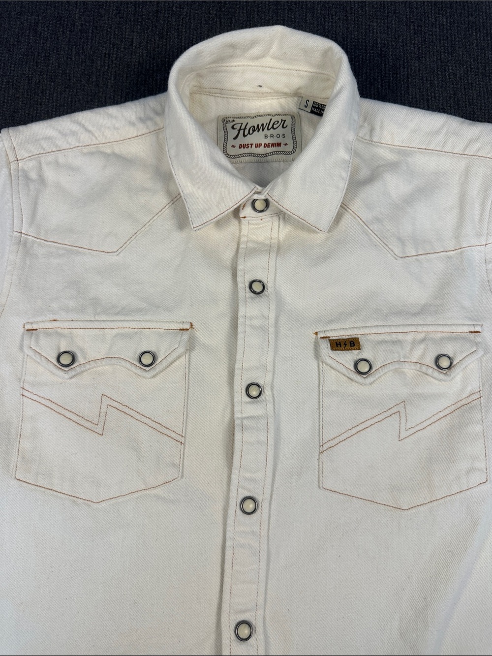 Howler Brothers Dust Up Denim Pearl Snapshirt Men Small Cream Western Cowboy EUC